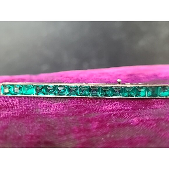 925 Sterling Silver Green Crystal Bar Brooch Vintage - Picture 3 of 10